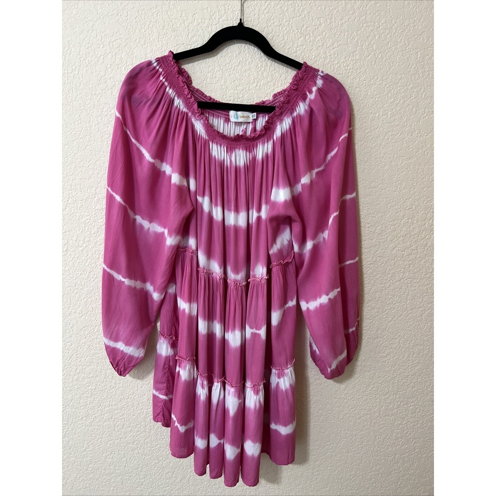 Mele Beach Dress summer holiday One Size Pink white Tie Dye Long Slv Tiered